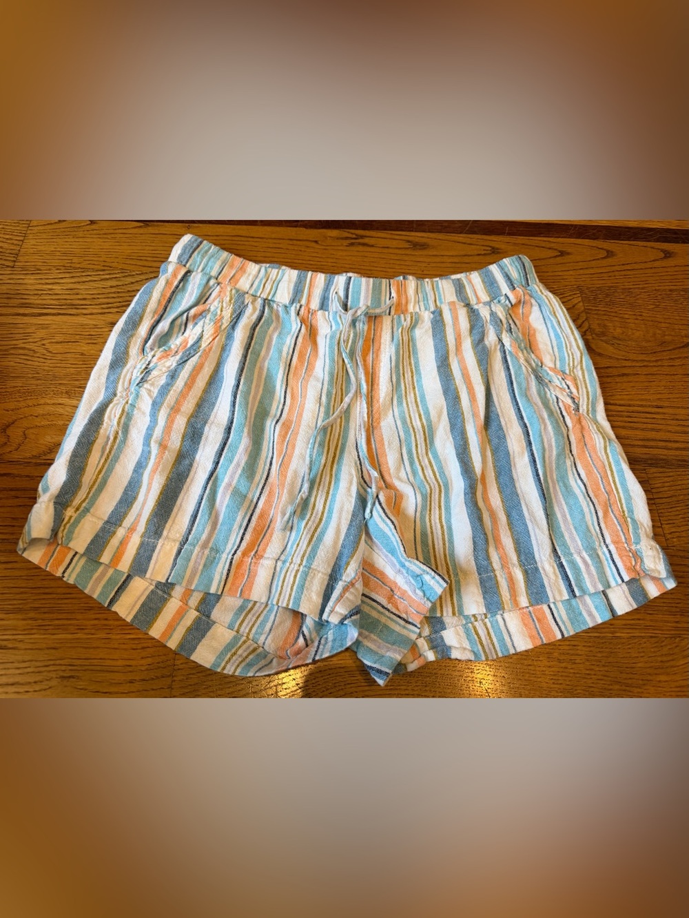 Briggs Linen Blend Striped Pull On Shorts Blue & Orange Women’s Large - Picture 2 of 12